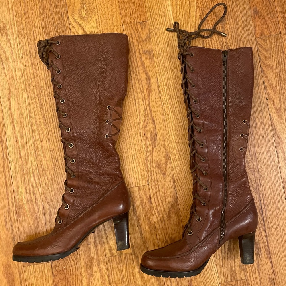 Cole Haan tall lace up boots brown leather 6.5